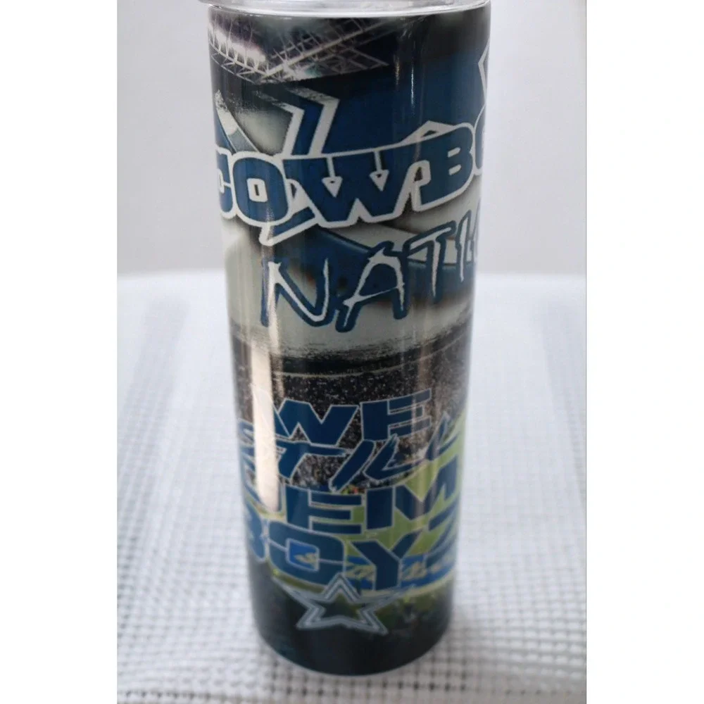 Dallas Cowboys Nation Football Tall Skinny Tumbler Cup w Lid 8 inch BPA Free